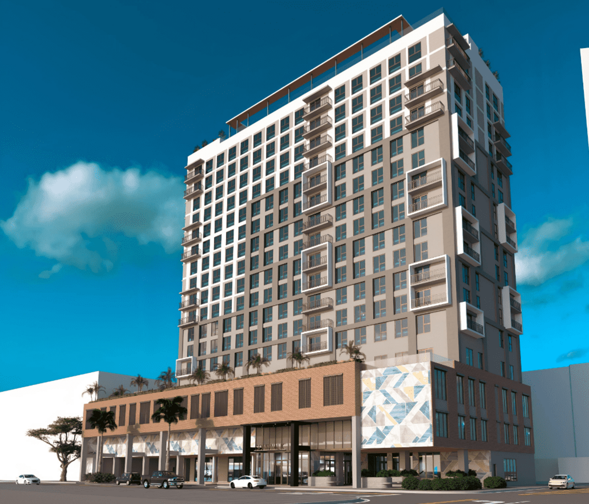 Architectural rending of the SOMI Walk tower in South Miami at 7090 SW 59th Pl.